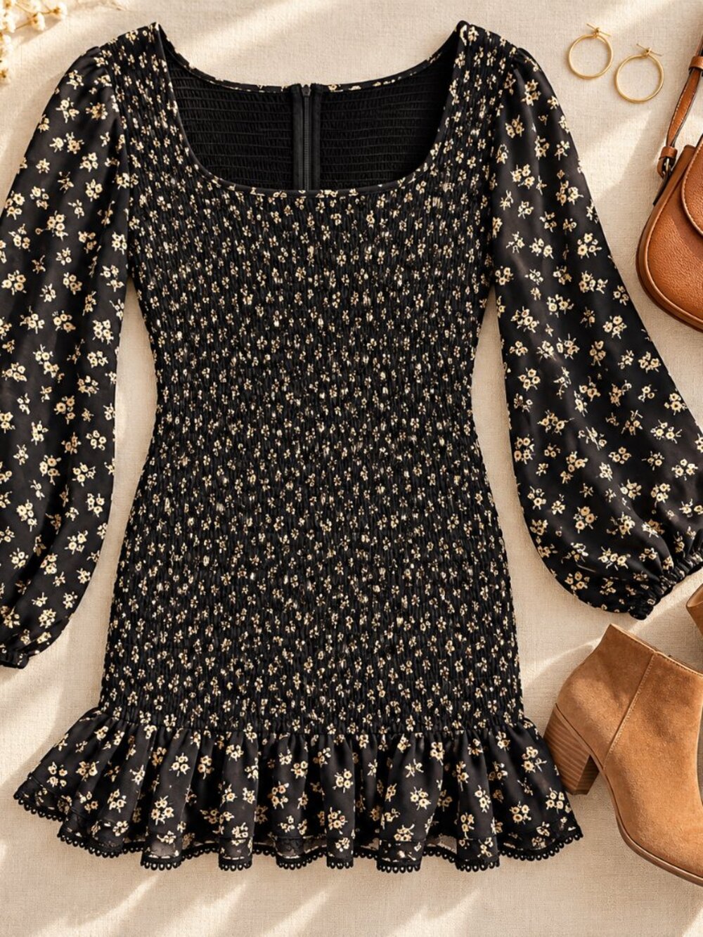 Lost + Wander Black Floral Smocked Long Sleeve Mini Dress Small